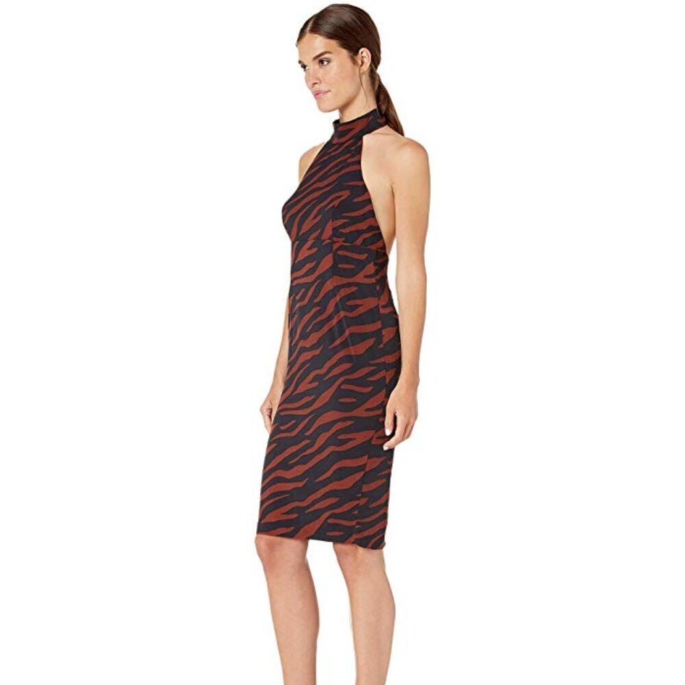 Bardot Sammie Halter Dress Brown Zebra Print | Size 6 NWT | Open Back Sheath - Picture 2 of 3